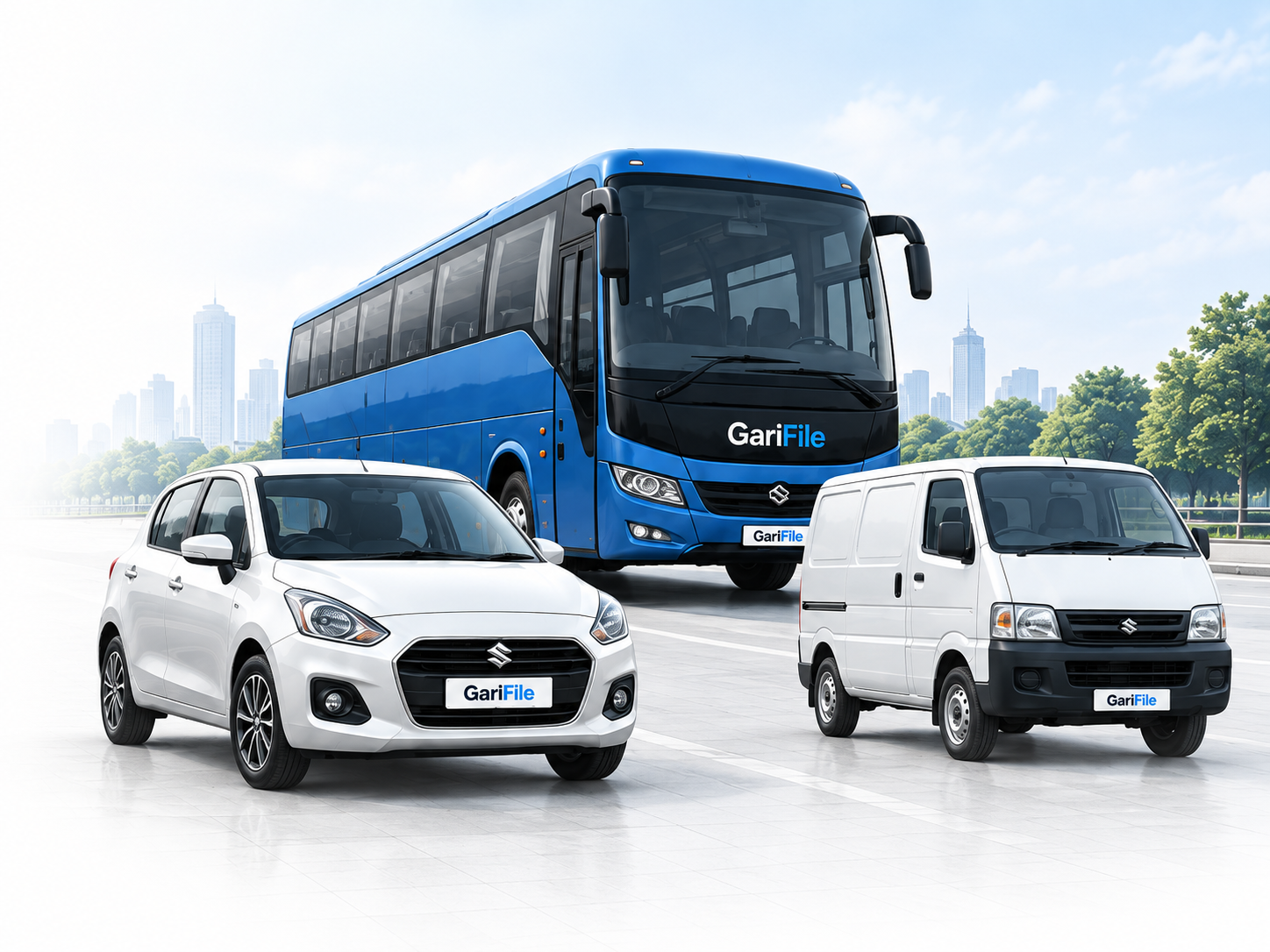 Blue GariFile bus, white car and white van on a city road