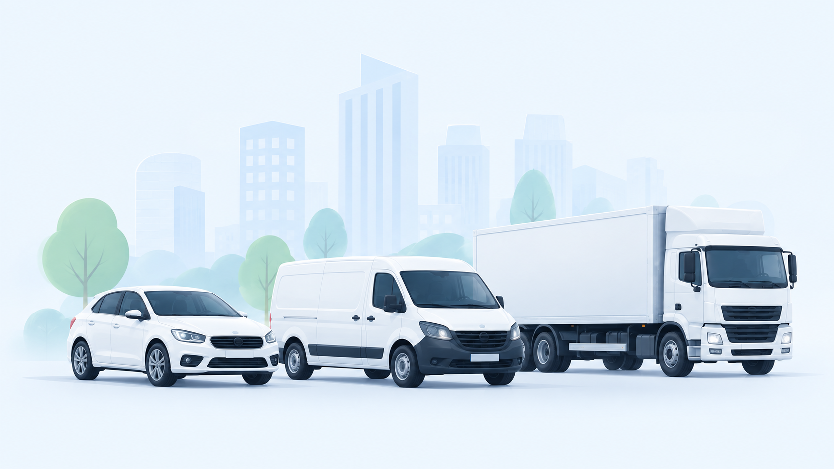 White car, delivery van and truck in front of a city skyline